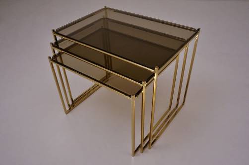 Milo Baughman nesting tables, gold plated & smoked glass, 1970`s American